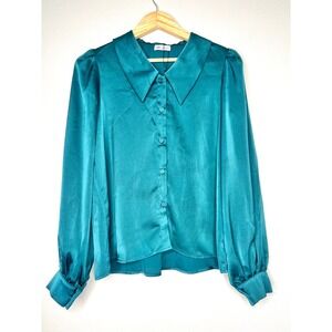 LABERA  100% silk Satin Collared Button Up Blouse Teal Long Sleeve Women's M